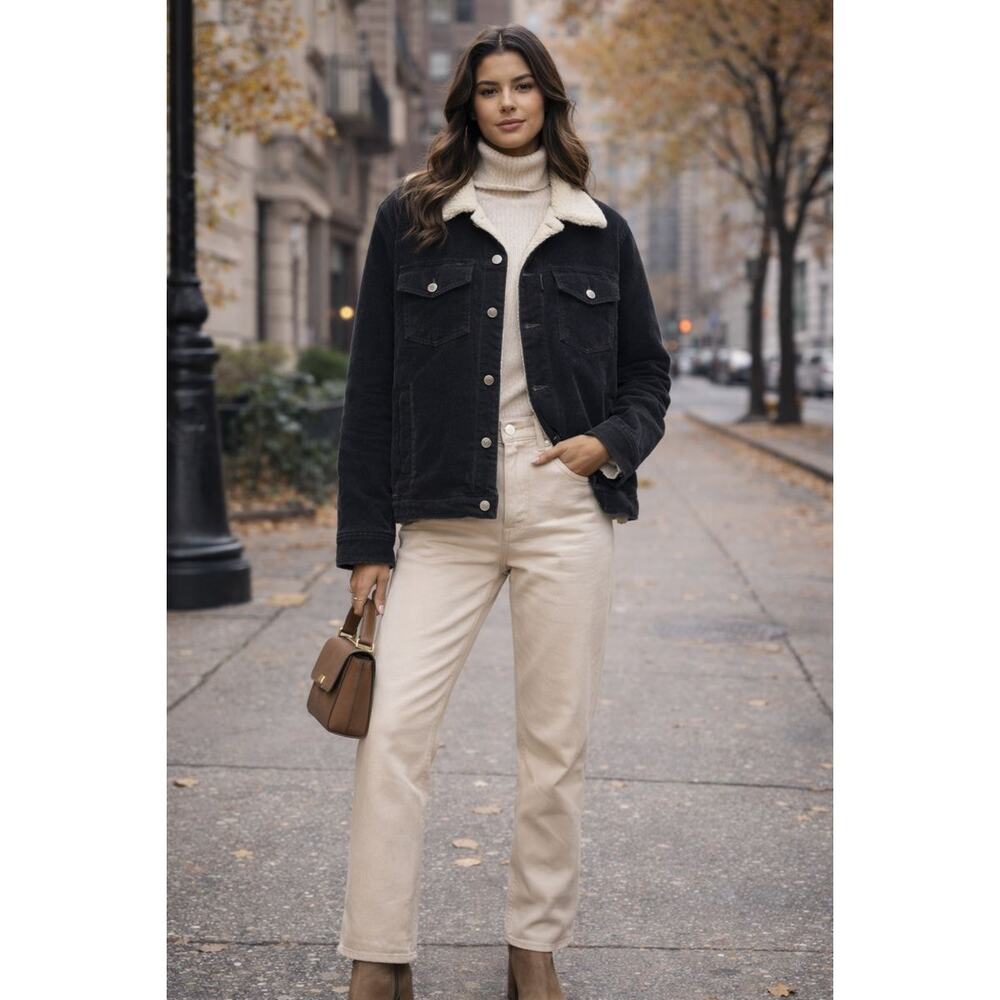 Calvin Klein Sherpa Lined Corduroy Jacket Navy Black Women’s Sz Sm Cozy Trucker